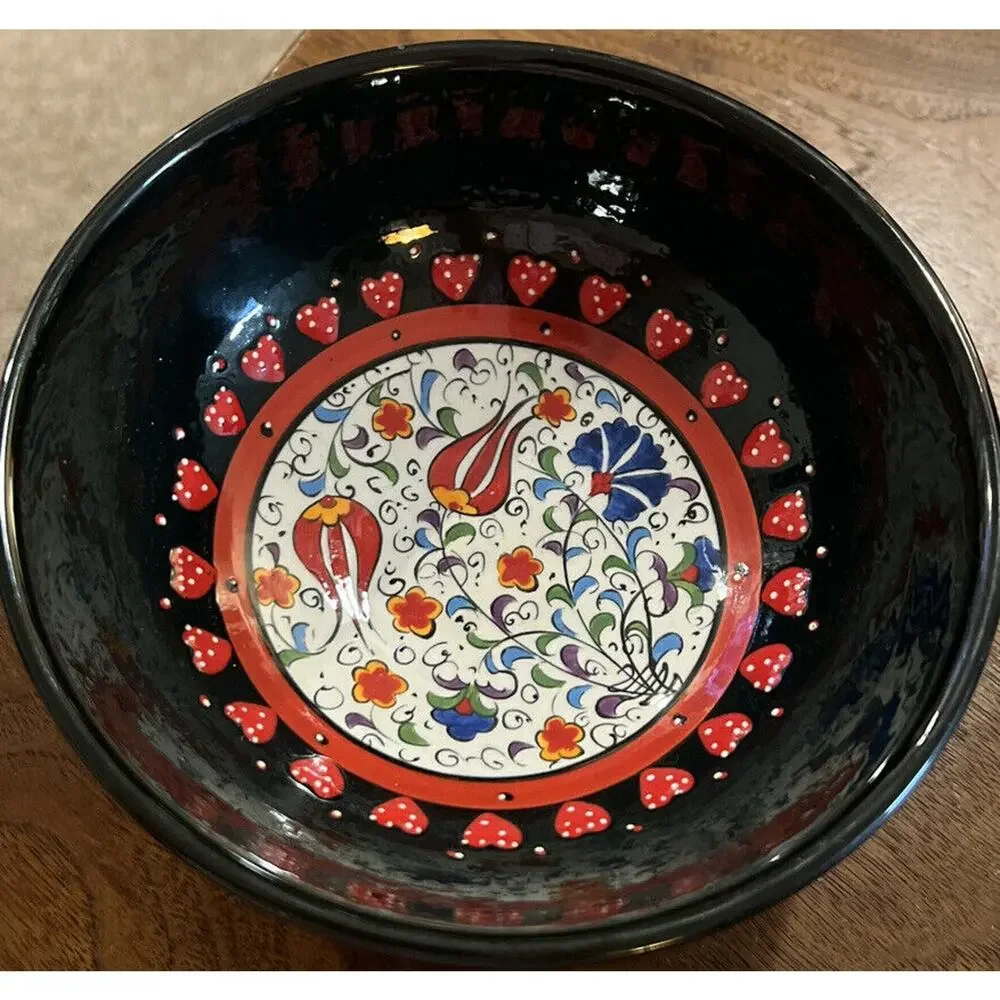 Handmade Painted Ceramic Turkish Bowl Glazed Flowers Colorful Raised Hearts